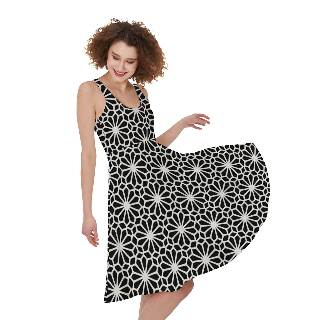 Black And White Geometric Floral Print Women's Sleeveless Dress