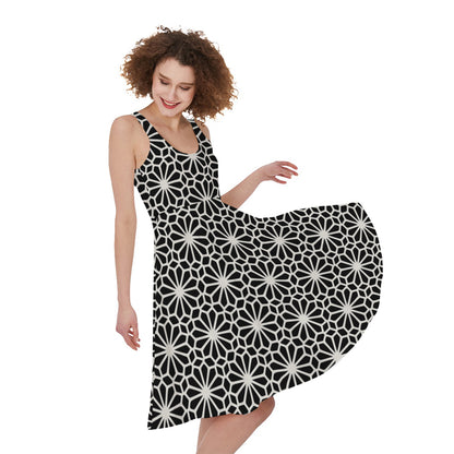 Black And White Geometric Floral Print Women's Sleeveless Dress