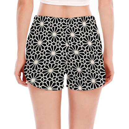 Black And White Geometric Floral Print Women's Split Running Shorts