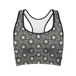 Black And White Geometric Floral Print Women's Sports Bra