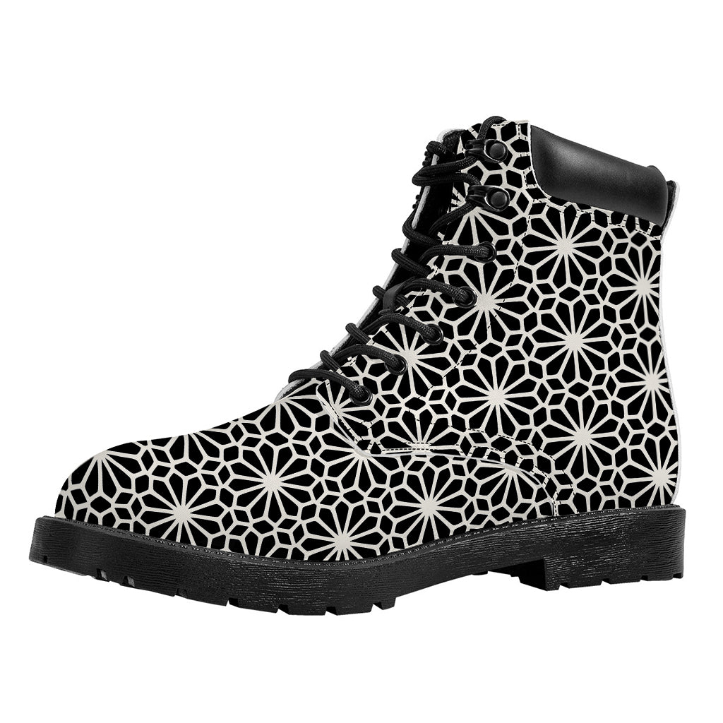 Black And White Geometric Floral Print Work Boots