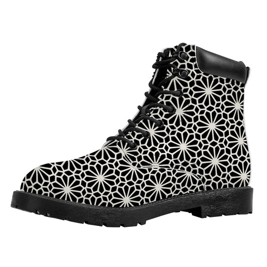Black And White Geometric Floral Print Work Boots