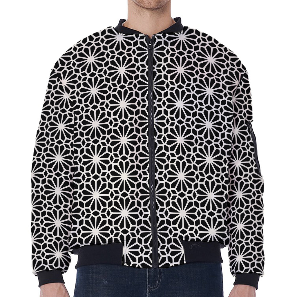 Black And White Geometric Floral Print Zip Sleeve Bomber Jacket