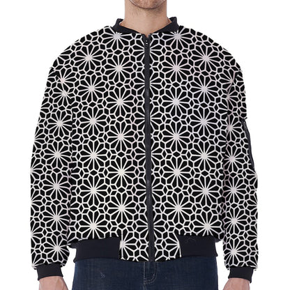 Black And White Geometric Floral Print Zip Sleeve Bomber Jacket