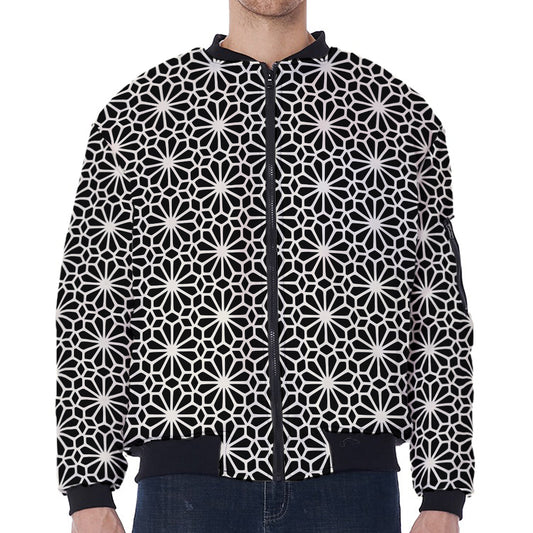 Black And White Geometric Floral Print Zip Sleeve Bomber Jacket