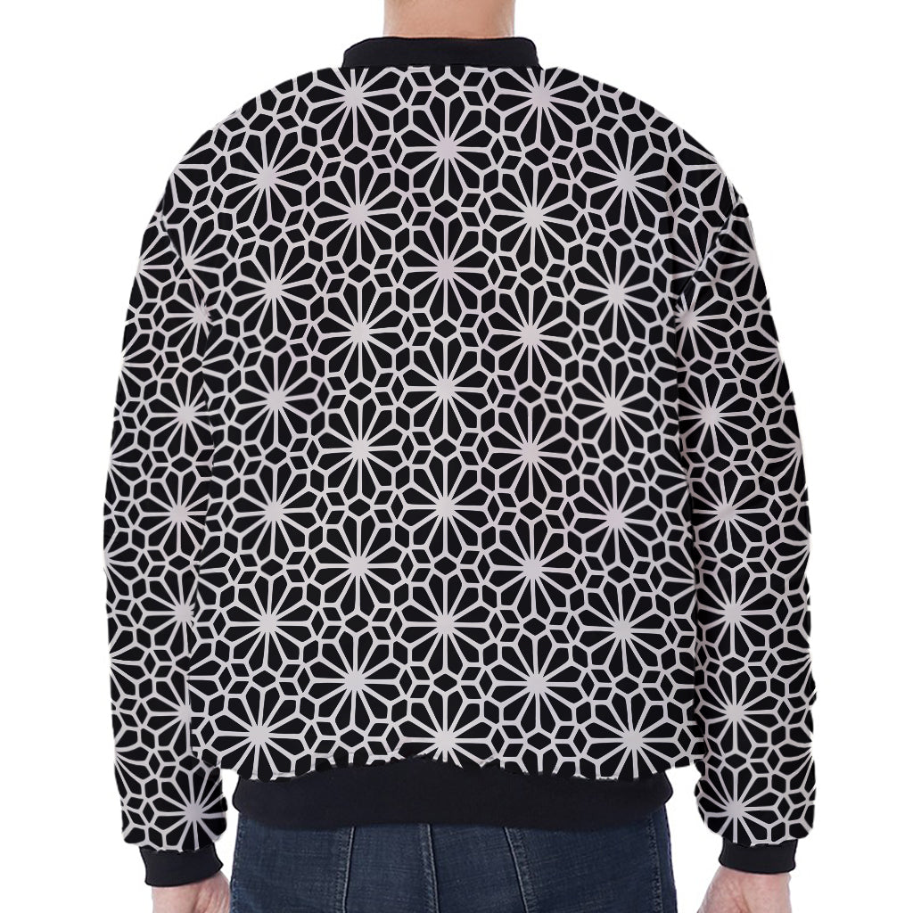 Black And White Geometric Floral Print Zip Sleeve Bomber Jacket
