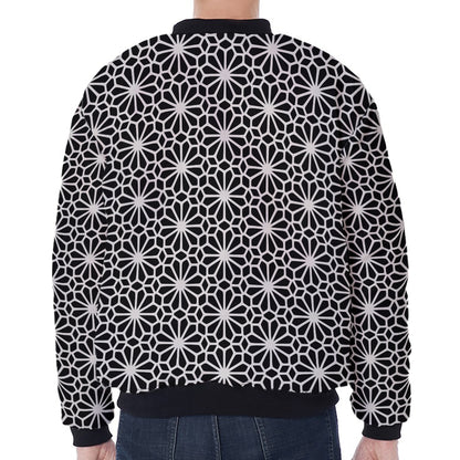 Black And White Geometric Floral Print Zip Sleeve Bomber Jacket