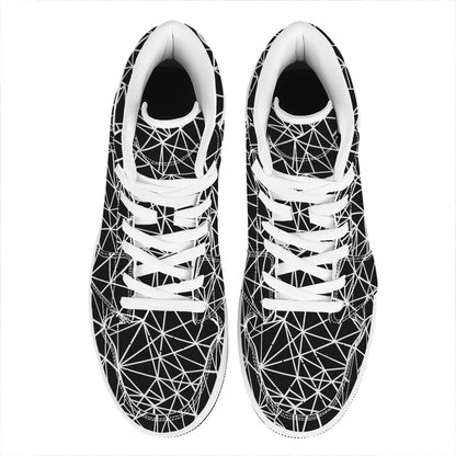 Black And White Geometric Mosaic Print High Top Leather Sneakers
