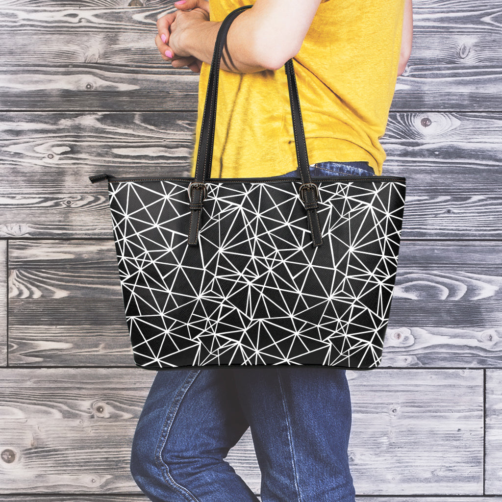 Black And White Geometric Mosaic Print Leather Tote Bag