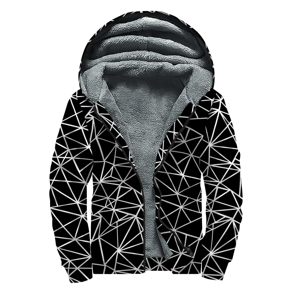 Black And White Geometric Mosaic Print Sherpa Lined Zip Up Hoodie