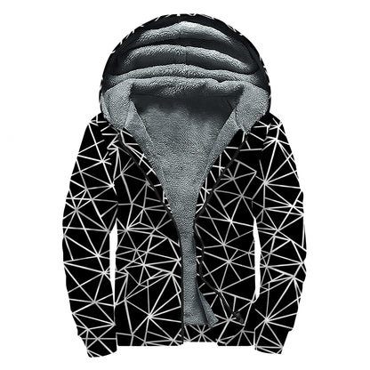 Black And White Geometric Mosaic Print Sherpa Lined Zip Up Hoodie