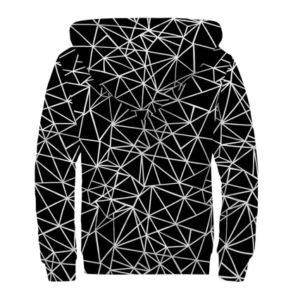 Black And White Geometric Mosaic Print Sherpa Lined Zip Up Hoodie