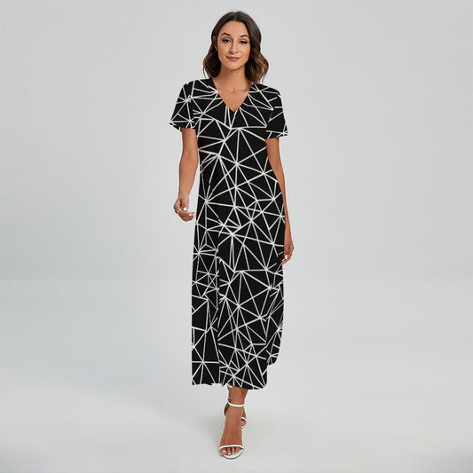 Black And White Geometric Mosaic Print Short Sleeve Maxi Dress