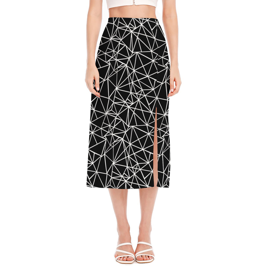 Black And White Geometric Mosaic Print Side Slit Midi Skirt
