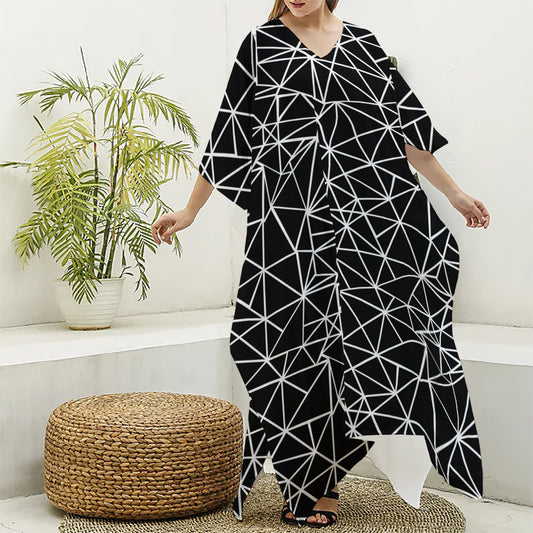 Black And White Geometric Mosaic Print Silk V-Neck Kaftan Dress
