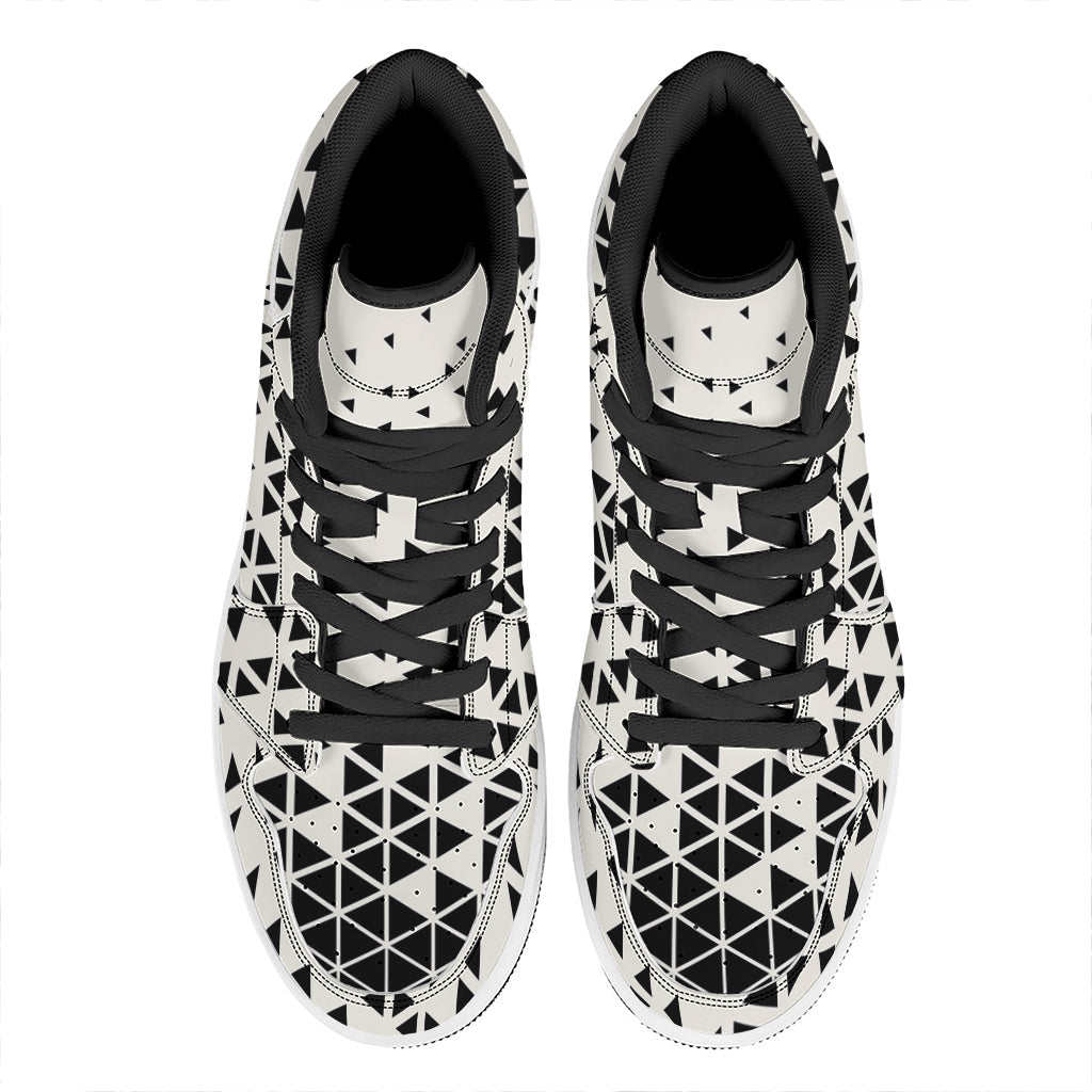 Black And White Geometric Pattern Print High Top Leather Sneakers