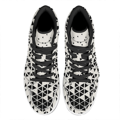 Black And White Geometric Pattern Print High Top Leather Sneakers