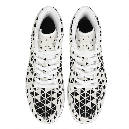 Black And White Geometric Pattern Print High Top Leather Sneakers