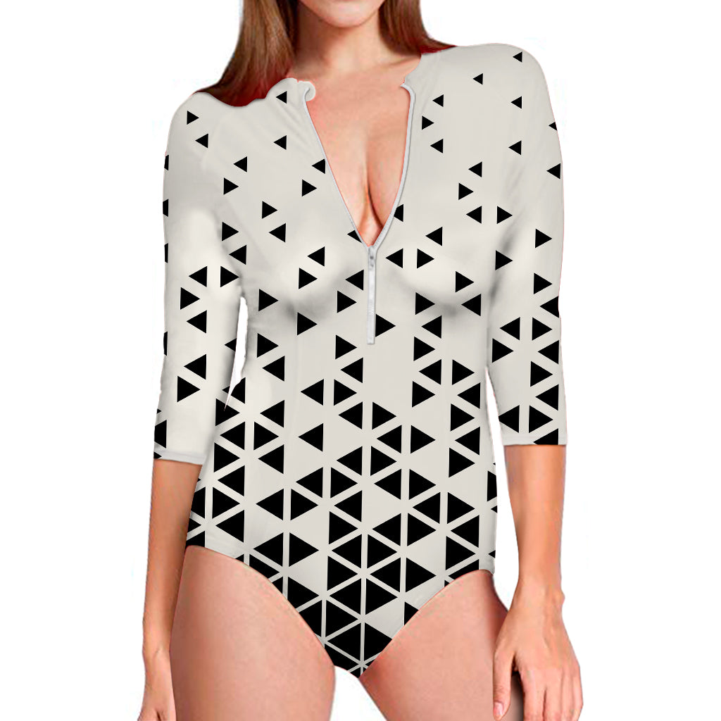 Black And White Geometric Pattern Print Long Sleeve Swimsuit