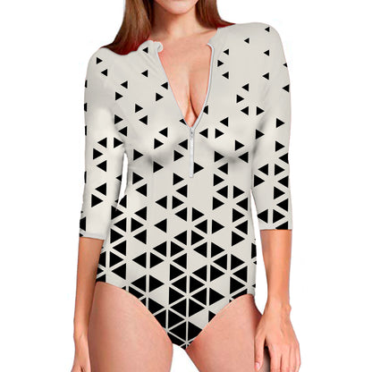 Black And White Geometric Pattern Print Long Sleeve Swimsuit