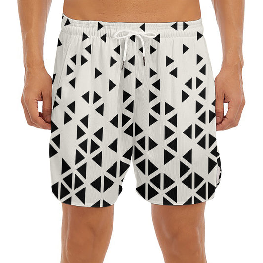 Black And White Geometric Pattern Print Men's Split Running Shorts