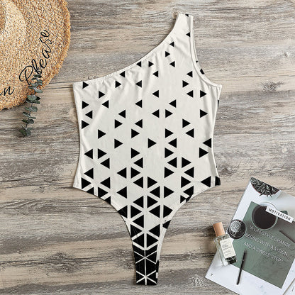 Black And White Geometric Pattern Print One Shoulder Bodysuit
