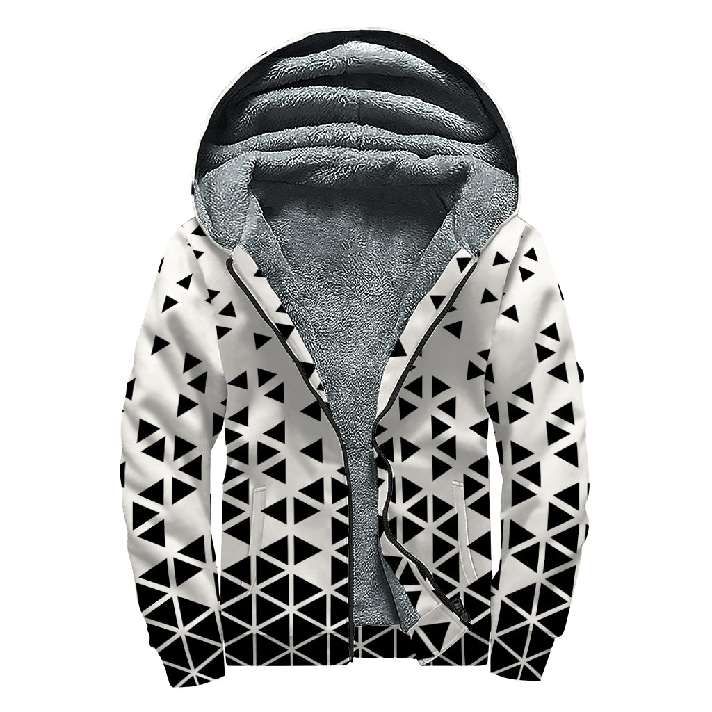 Black And White Geometric Pattern Print Sherpa Lined Zip Up Hoodie