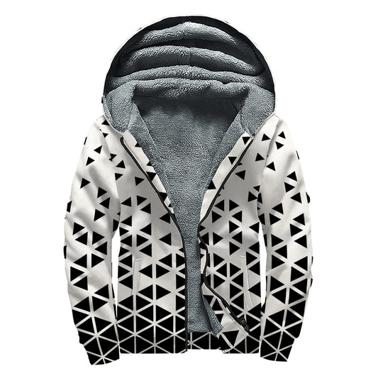 Black And White Geometric Pattern Print Sherpa Lined Zip Up Hoodie