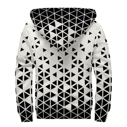 Black And White Geometric Pattern Print Sherpa Lined Zip Up Hoodie