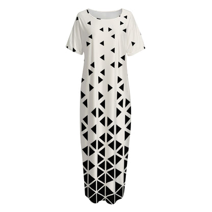Black And White Geometric Pattern Print Short Sleeve Long Nightdress
