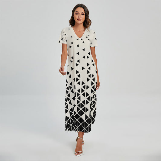 Black And White Geometric Pattern Print Short Sleeve Maxi Dress
