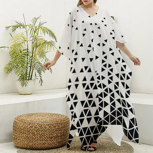 Black And White Geometric Pattern Print Silk V-Neck Kaftan Dress