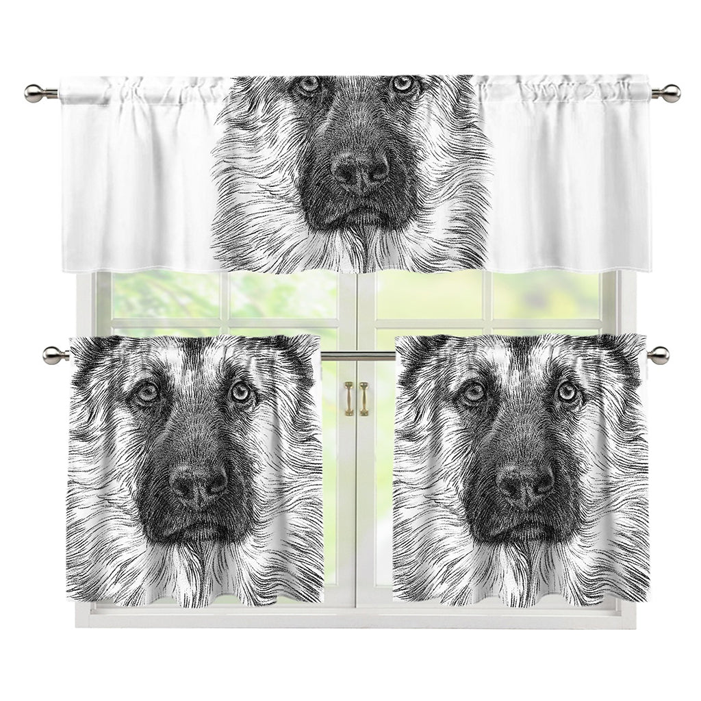 Black And White German Shepherd Print 3 Piece Kitchen Curtains