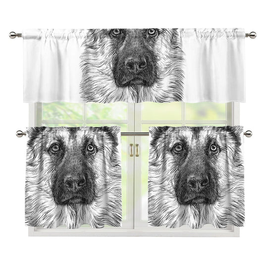 Black And White German Shepherd Print 3 Piece Kitchen Curtains