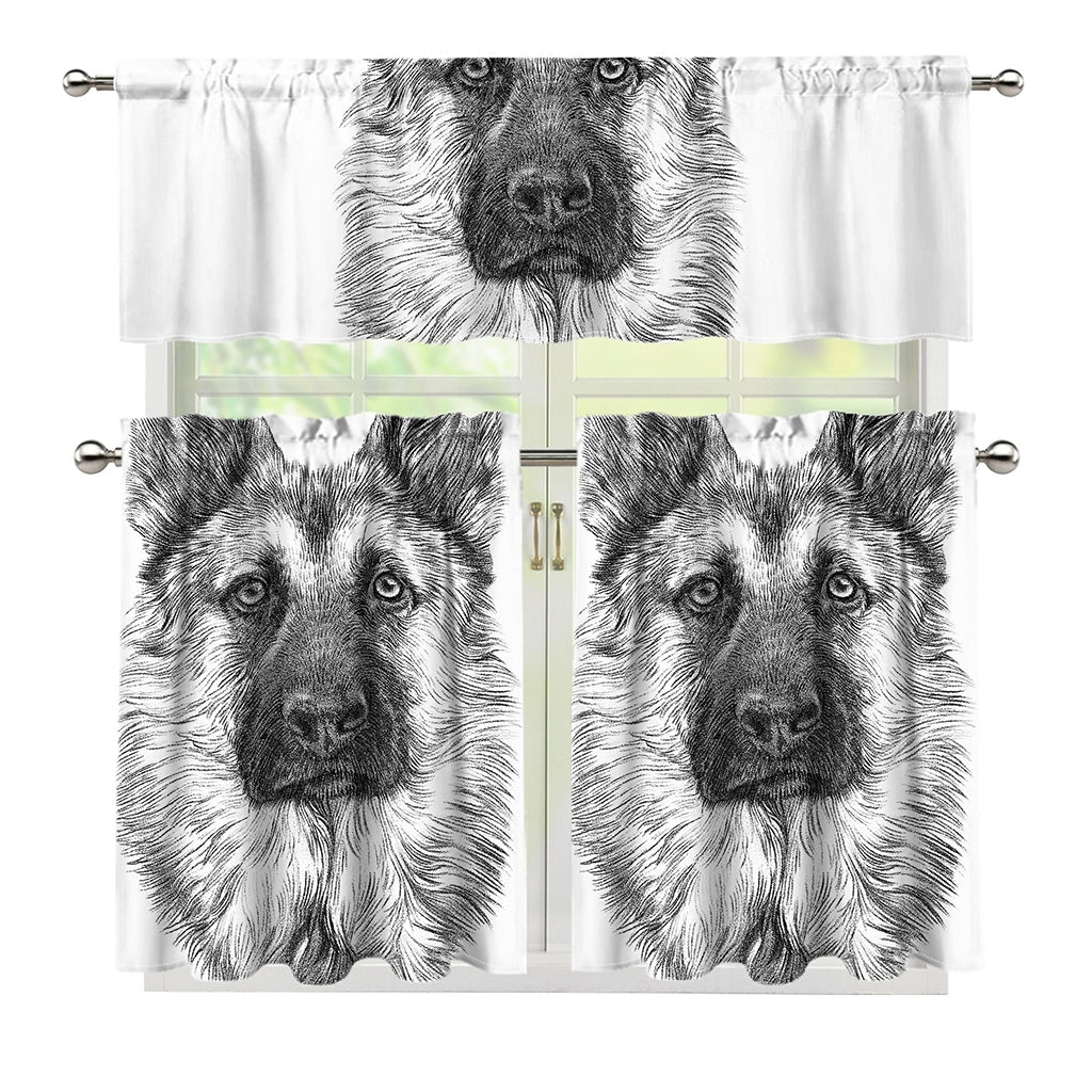 Black And White German Shepherd Print 3 Piece Kitchen Curtains