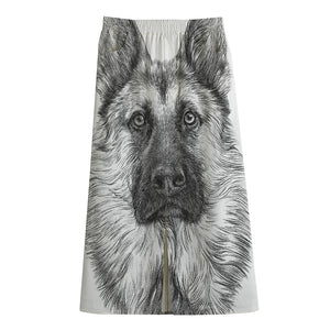 Black And White German Shepherd Print Cotton Front Slit Maxi Skirt