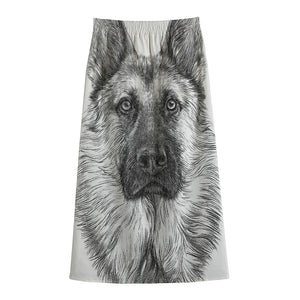 Black And White German Shepherd Print Cotton Front Slit Maxi Skirt