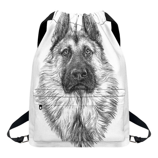 Black And White German Shepherd Print Drawstring Backpack