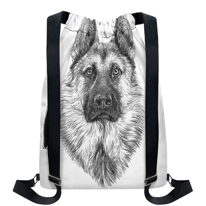 Black And White German Shepherd Print Drawstring Backpack
