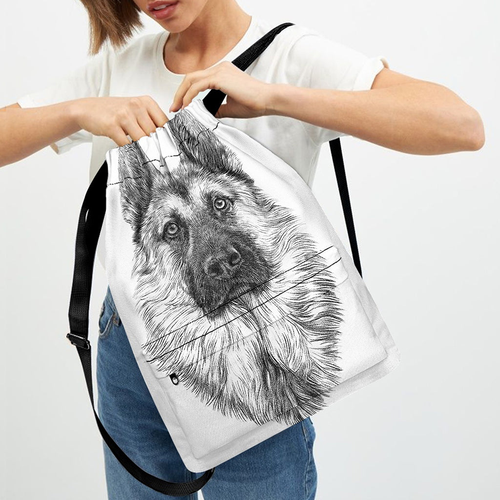 Black And White German Shepherd Print Drawstring Backpack