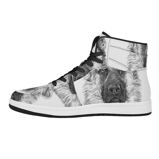 Black And White German Shepherd Print High Top Leather Sneakers
