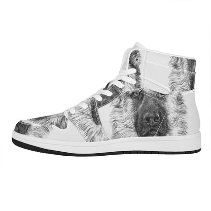 Black And White German Shepherd Print High Top Leather Sneakers