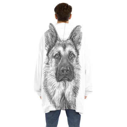 Black And White German Shepherd Print Hoodie Blanket