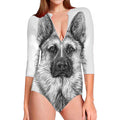 Black And White German Shepherd Print Long Sleeve Swimsuit