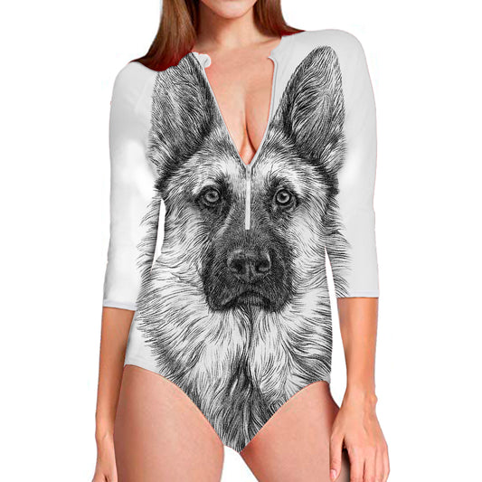Black And White German Shepherd Print Long Sleeve Swimsuit