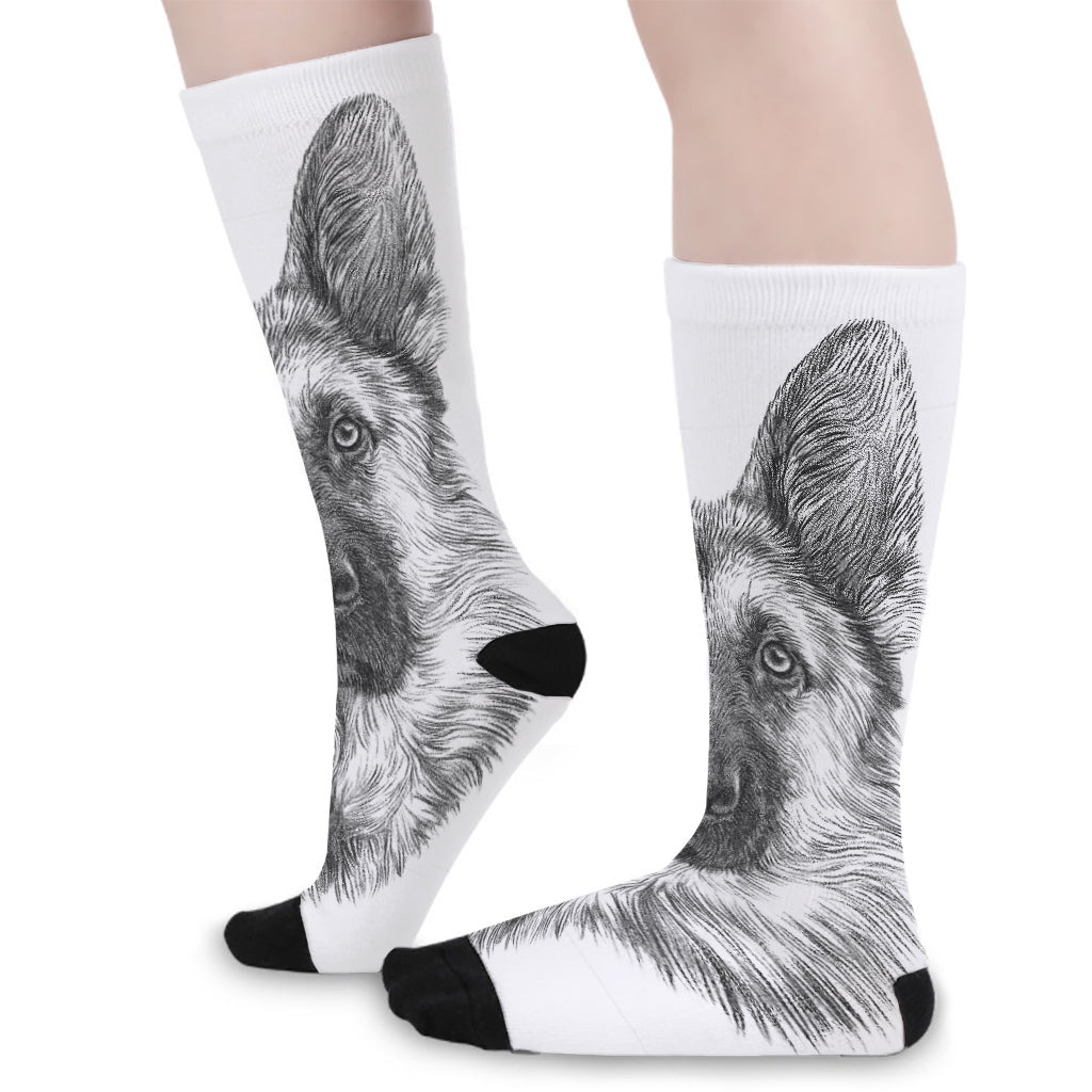 Black And White German Shepherd Print Long Socks