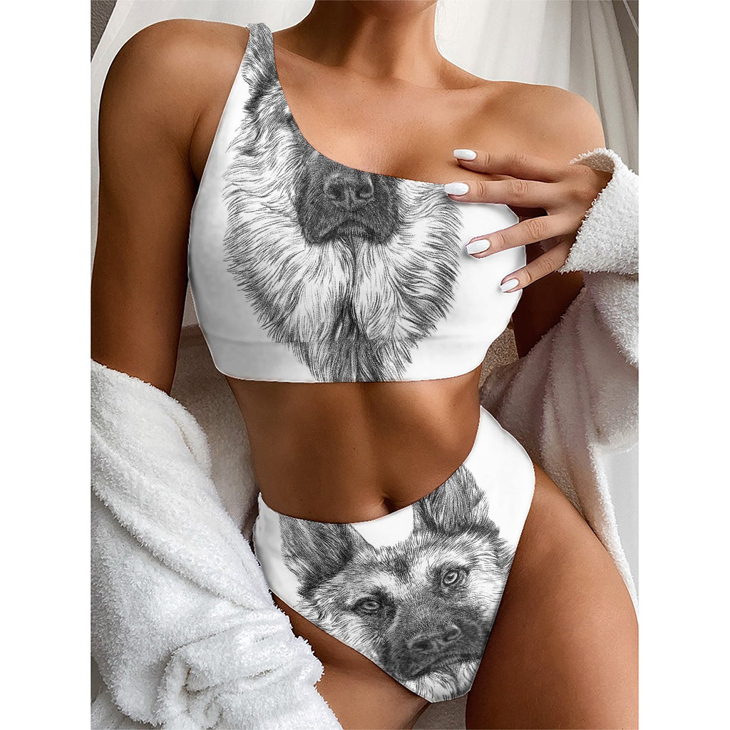 Black And White German Shepherd Print One Shoulder Bikini Top