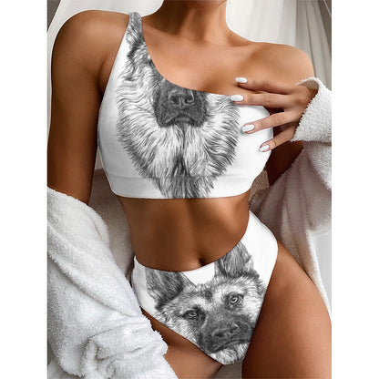 Black And White German Shepherd Print One Shoulder Bikini Top