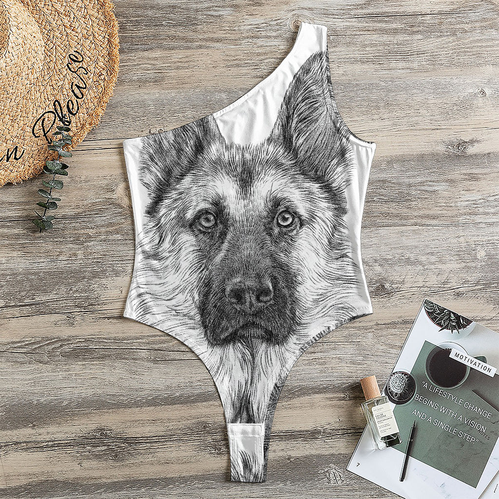 Black And White German Shepherd Print One Shoulder Bodysuit