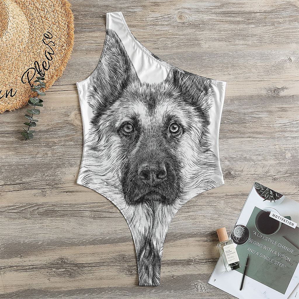 Black And White German Shepherd Print One Shoulder Bodysuit